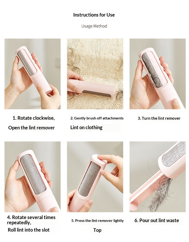 Supplier instructions for opening, brushing, rotating and emptying the reusable brush; demonstration color is pink